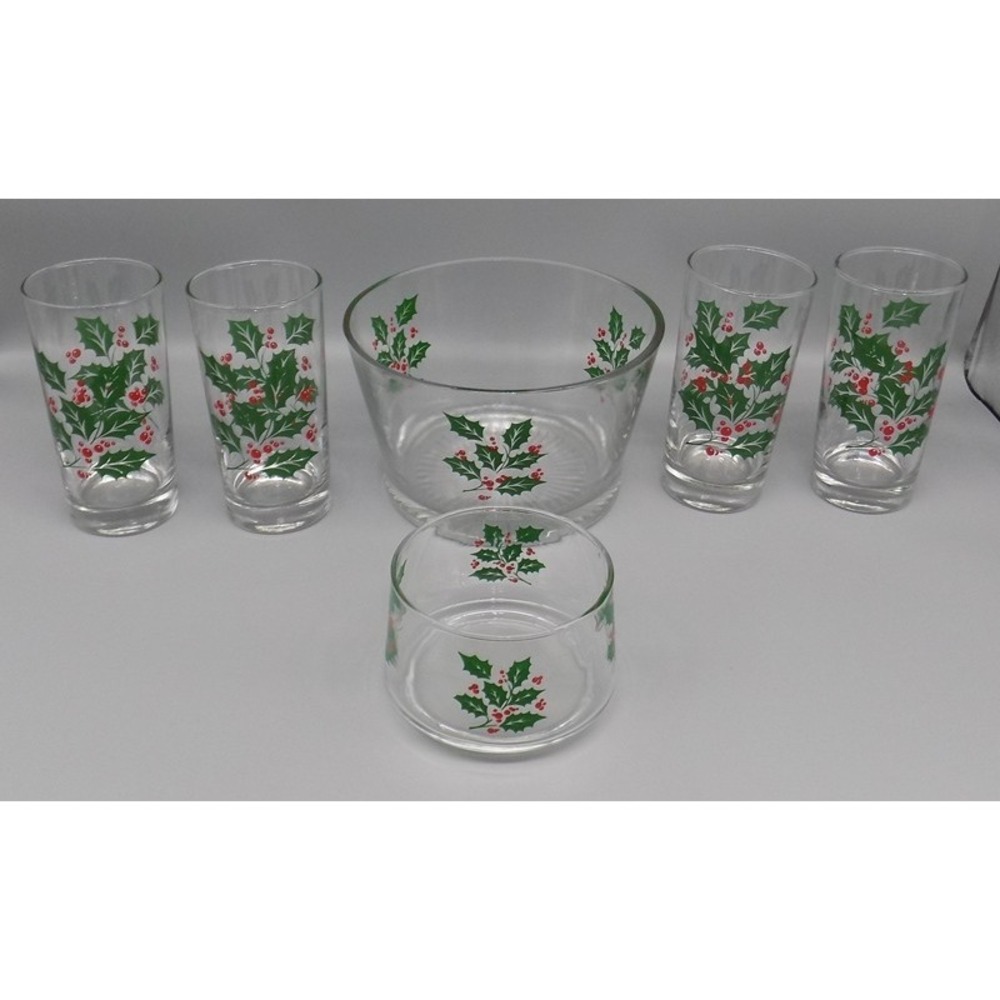 Indiana Holly Leaves & Berries Cooler Glasses Ice Bucket & Dip Bowl Set Vintage